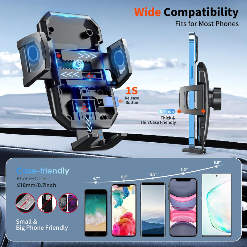 Upgraded 3-in-1 Car Phone Holder Mount [Powerful Suction] Phone Mount for Car Dashboard Air Vent Windshield,for All iPhone Android Phone (Black)