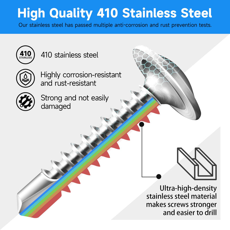 400Pcs #10 x 1 Self Tapping Screws for Metal, 410 Stainless Steel, Sheet Metal Screws for Metal, Truss Head Self Drilling Stainless Steel Screws #10×1" SILVER 400
