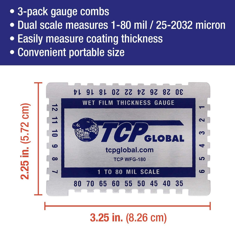 TCP Global Wet Film Thickness Gauge Comb, 1-80 Mil Scale, Step and Notched for Paints Resins (Pack of 3)