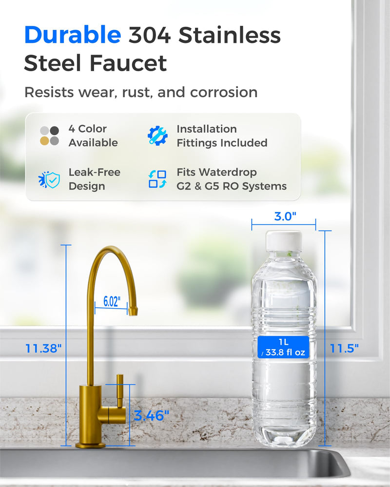 Waterdrop G2FCT-Gold Drinking Water Faucet, Reverse Osmosis Faucet, Water Filter Faucet for Kitchen Bar Sink, Single Handle, Easy to Install, Lead-Free, Stainless Steel, Brushed Gold