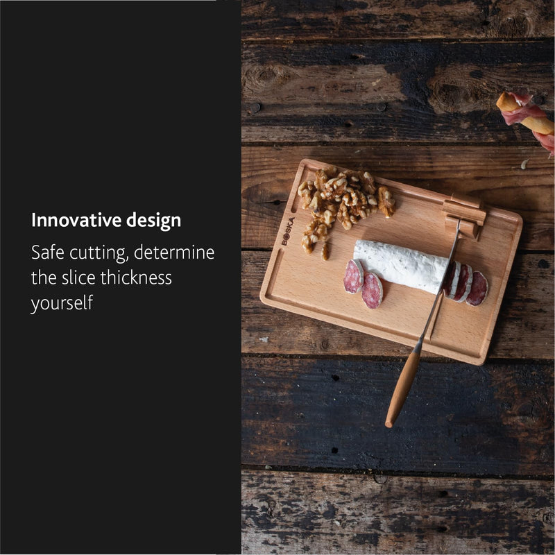 BOSKA Cheese Cutter Lumberjack Amigo/Serving Board with Cheese Knife/Beechwood and Stainless Steel/For Cheese and Sausage/Safe Cutting/With Crumb Catcher / 9 Inches