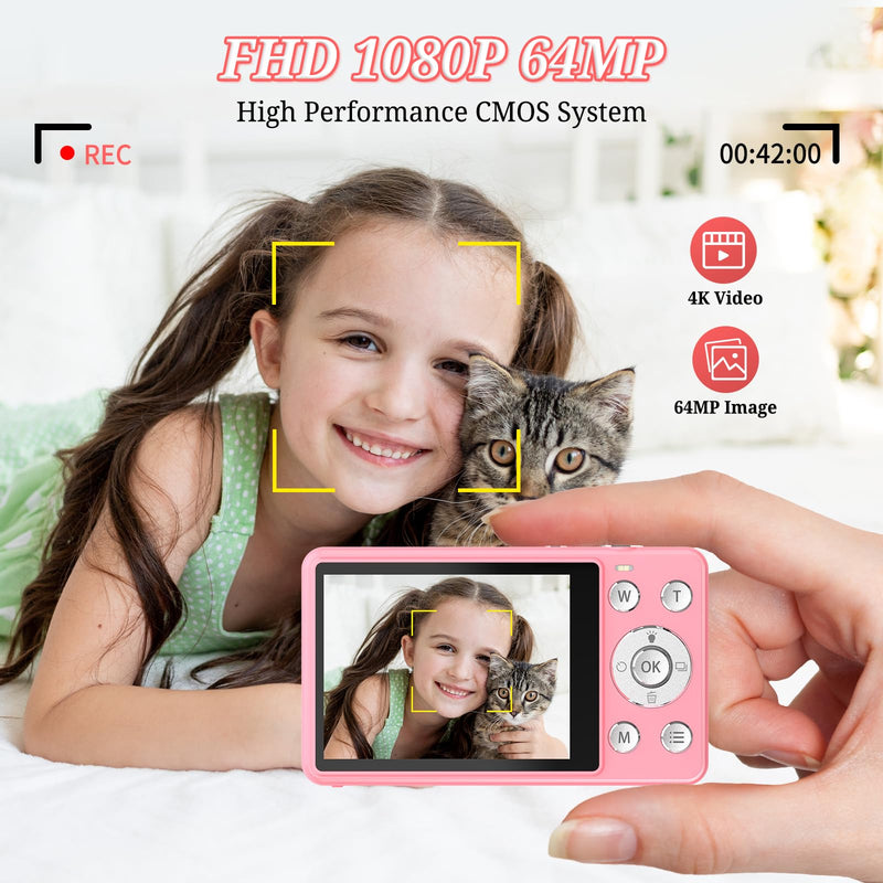 Digital Camera, FHD 4K 64MP Point and Shoot Kids Digital Camera with 64GB Card,18X Zoom, Anti Shake, Compact Small Cameras for Kids Gifts for Teens Girls Boys Pink-Enhanced version