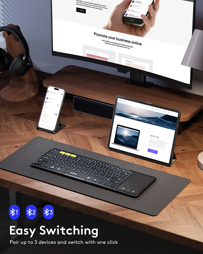 Samsers Foldable Bluetooth Keyboard with Touchpad, Full-Size Wireless Folding Keyboard with Backlight, Portable Travel Keyboard for iOS Android Windows Mac OS, Support 3 Device(BT5.1 x 3), Black