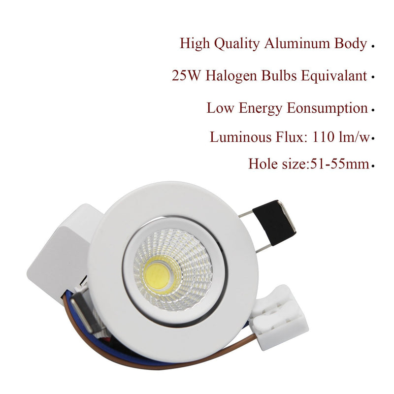 Recessed Downlight 110V Dimmable 3WCOB CRI80 Spotlight Lamp Daylight 2 Inch Adjustable Angle Lighting Kits 5000K-5500K Ceiling Lights Pack of 4 With LED Driver Daylight White(5000-5500K)
