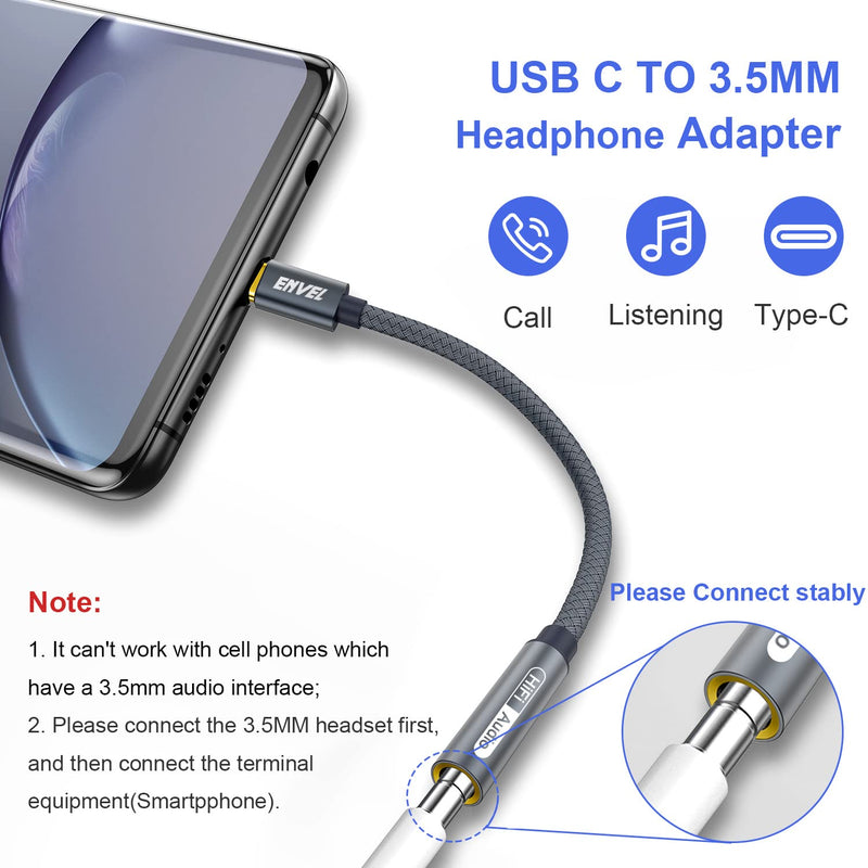 ENVEL USB C to 3.5mm Female Headphone Adapter, 2 Pack Type C to Aux Audio Dongle Cable Compatible with iPhone 15 Pro Max Samsung Galaxy S23 S22,iPad Pro 2022/2021/2020,Google Pixel 5/6/7 gray