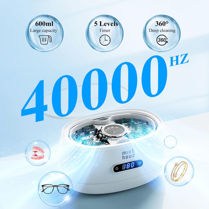 Minthouz Ultrasonic Jewelry Cleaner Machine with 5 Cleaning Modes, 40kHz Professional Sterling Silver Sonic Cleaner for Jewelry, Watch Strap, Eyeglass, Ring, Dentures Cleaning 600ML