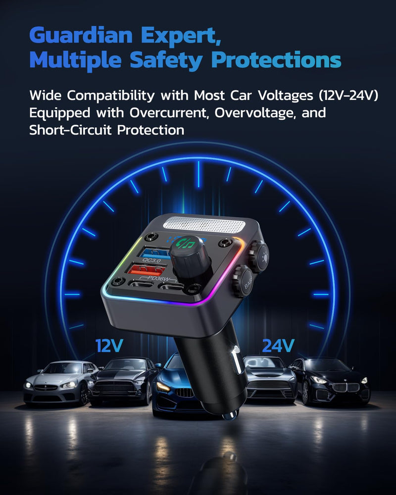 Nulaxy 54W Bluetooth 5.3 Car Adapter with 4 Charging Ports [PD 36W & QC3.0 18W], Wireless Radio FM Transmitter with Deep Bass Player & 5 Colors LED Backlit, Hands-Free Calling - NX16 Black A-Black
