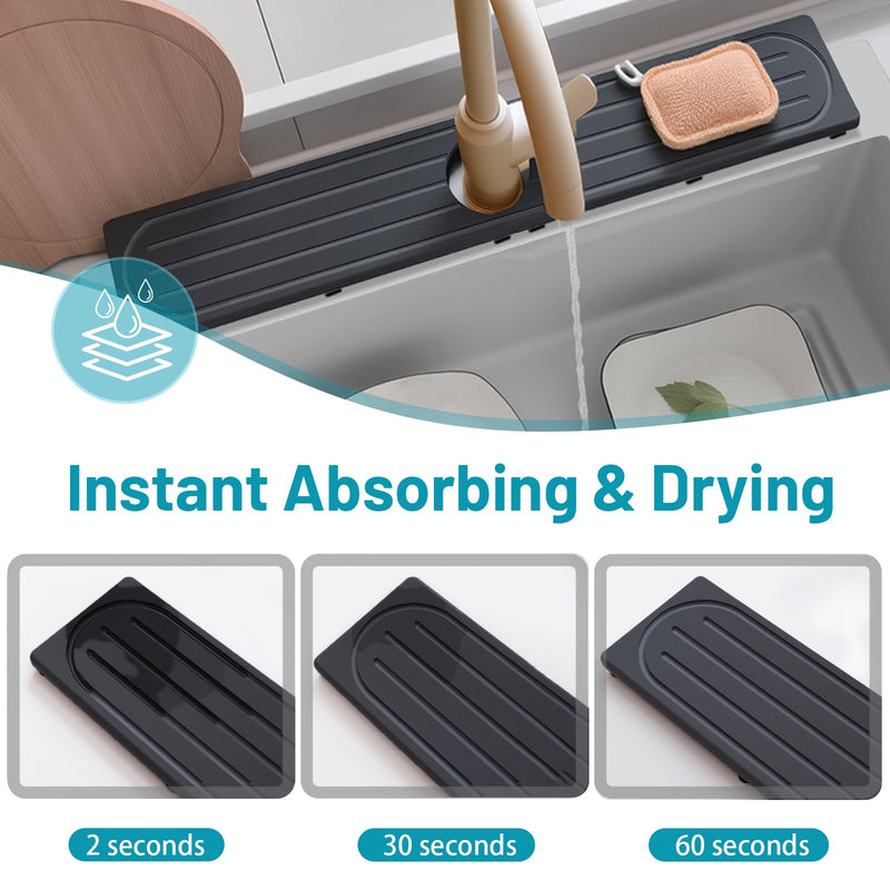 Stone Faucet Mat for Kitchen Sink with Raised Feet, Sink Mat for Kitchen Faucet, Water Absorbent Diatomite Stones Sinks Tray, Sink Splash Guard & Protectors, Stone Drying Tray for Bathroom Counter 23.7" x 4" Dark Gray Style 1