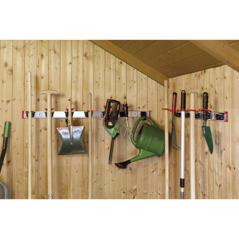 BRUNS 107869770-2_107869768-2_107869773 Aluminum tool holder set, including, 2x 1000 mm, flexible hook strip for garden tools, silver, 2 rails 1m + 14 holders + 4 hooks