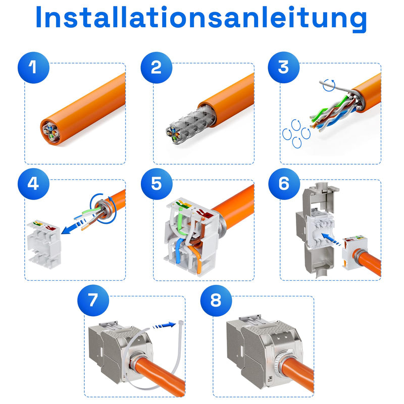 HB-DIGITAL 4x CAT 7 Keystone RJ45 Module Socket for Rigid LAN Cable | 10 Gbps, AWG 22-24, tool-free, LSA fully shielded STP, gold-plated contacts for patch panel network socket 4 pcs.