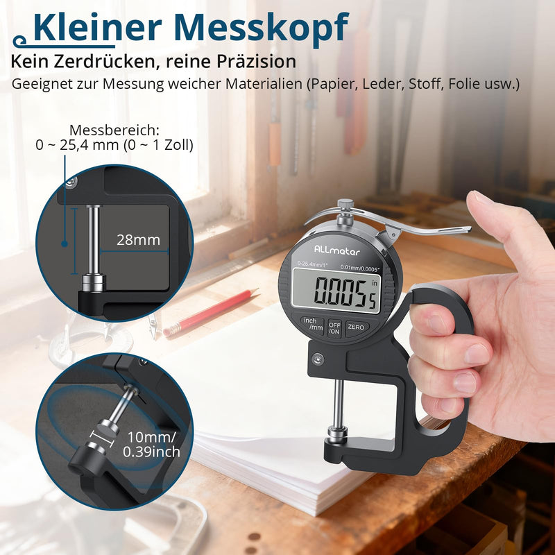 Digital thickness gauge 0-25.4mm, 0.01mm/0.0005'' precision measuring instrument with LCD display for leather, paper, fabric 25.4mm / 0.01mm