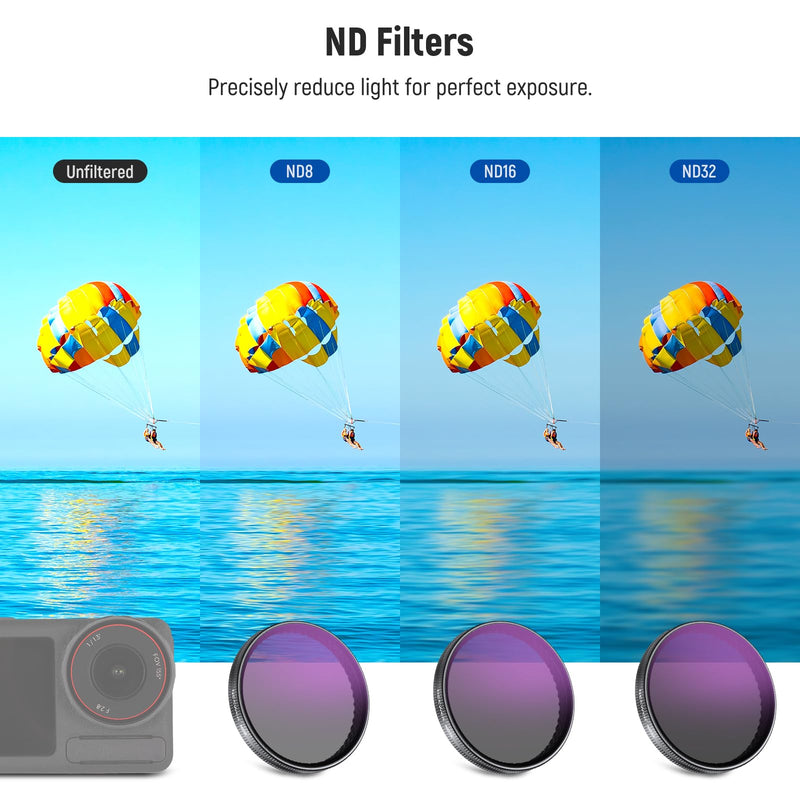 NEEWER Snap On ND Filter Set Compatible with DJI Osmo Action 3/4/5 Pro, 4 Pack ND8+ND16+ND32+CPL Neutral Density Polarizing Action Camera Accessories, Multicoated HD Optical Glass, FL-A76 CPL/ND8/ND16/ND32