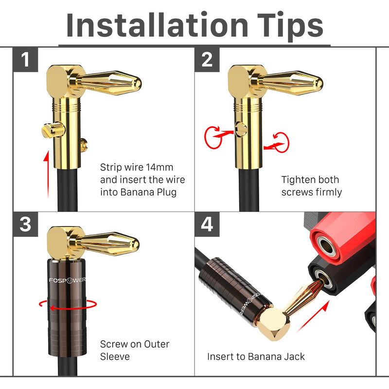FosPower Right Angle Banana Plugs (2 Pairs / 4 pcs), Closed Screw 24K Gold Plated Banana Speaker Plug Connectors for Speaker Wire, Wall Plate, Home Theater, Audio/Video Receiver, and Sound Systems 2 Pairs (90 Degree Right Angle)