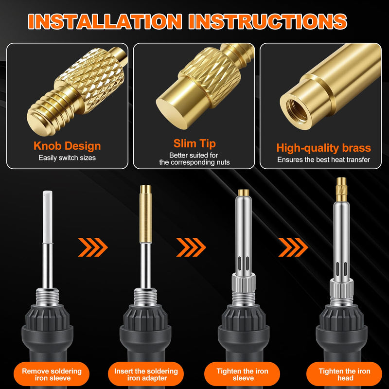 Threaded Insert Soldering Tips Set - with 60W Temperature Adjustable Soldering Iron | 138-piece melting thread for 3D printing, repair, electronics, brass, thread inserts M2/M3/M4/M5/M6/M8, with tweezers