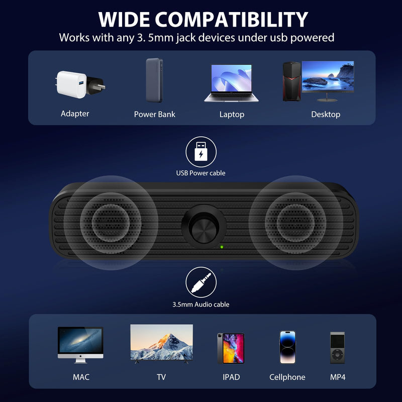 1Mii Computer Speakers for Desktop Laptop Tablet, USB Powered PC Speakers, Small Speakers Wired with Volume Control for Cellphone Pad MP3, Stereo Sound with 3.5mm Audio Plug for Windows Mac Linux PCs