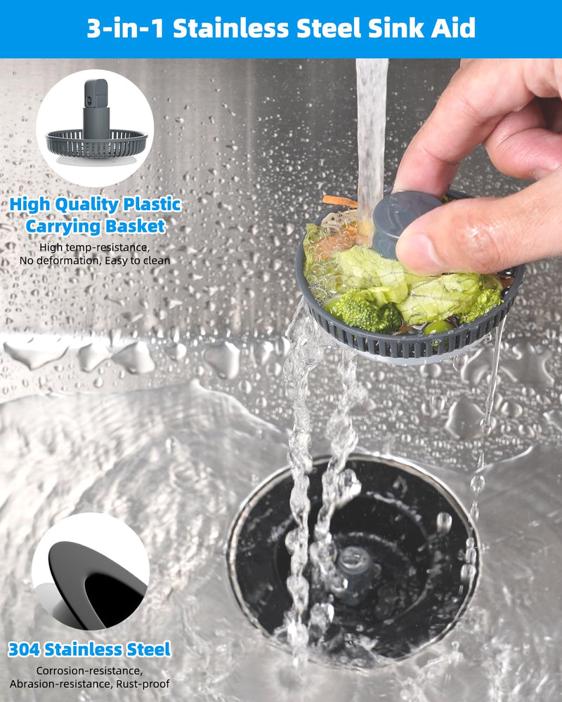 Hibbent 2 Pack 3 in 1 Kitchen Sink Drain Strainer and Stopper Combo, Stainless Steel Metal Pop Up Sink Stopper, Anti-Clogging Basket Strainer with Handle for US Standard 3-1/2 Inch Drain, Black Matte Black