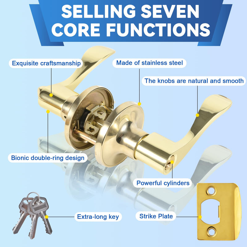 High-Security Stainless Steel Round Ball Door Handle with Lock & Key,Door Lever for Front Door, Bedroom, and Interior(Gold) Gold-Round-lever