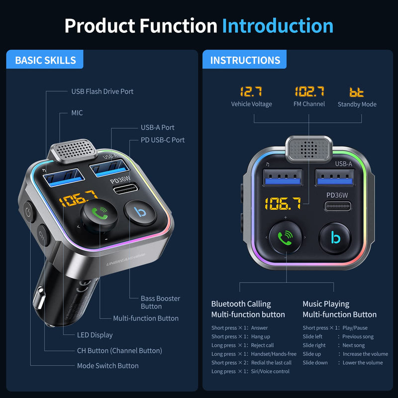 UNBREAKcable Bluetooth FM Transmitter for Car, PD 38W Fast Charging, Wireless Bluetooth FM Radio Adapter, Car Kit with Hands-Free Calls, HiFi Bass Boost MP3 Music Player Support USB Drive Grey