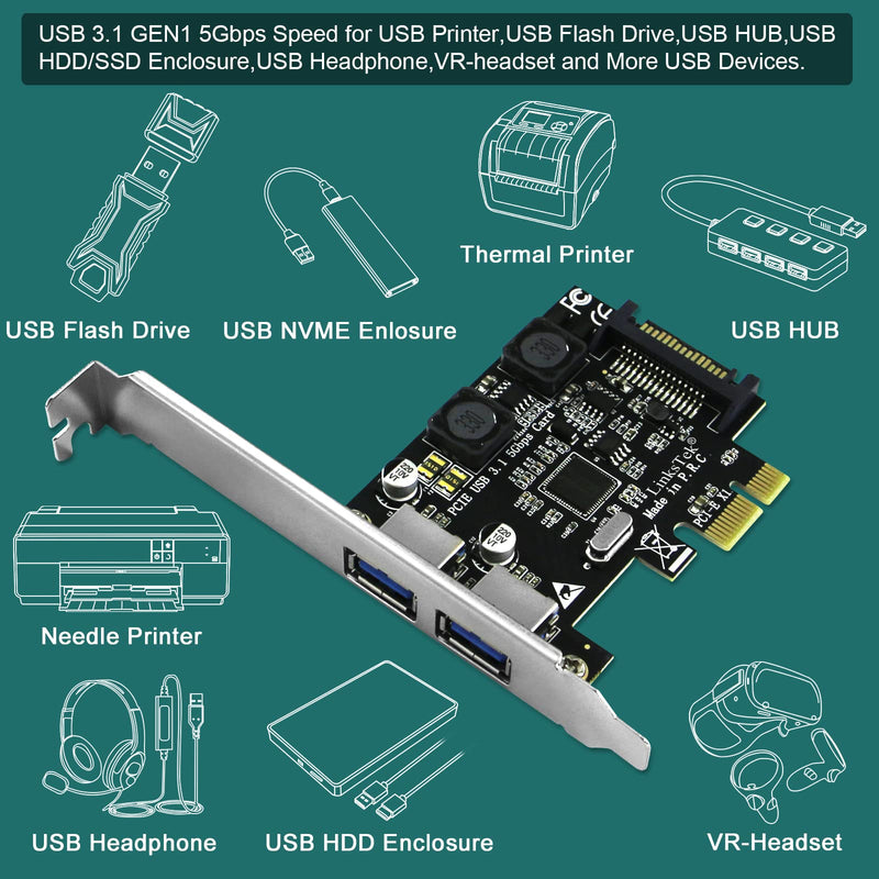 2-Ports PCIE USB 3.0 (USB 3.1 GEN1) 5Gbps Expansion Card for Desktop PCs, 2X 5Gbps USB-A Ports, Built in Smart Power Distribution Technology, No Need Extra Power Supply (PCIE-U302A) PCIE-U302A