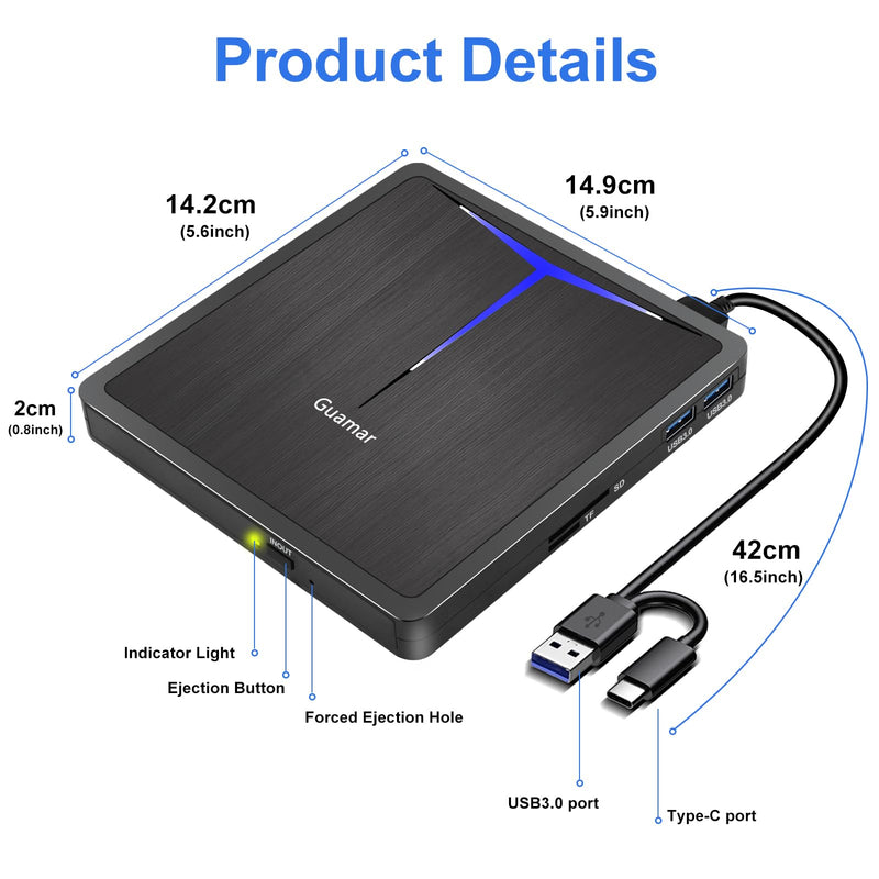 Guamar External CD/DVD Drive for Laptop, USB 3.0 USB-C DVD Player CD Burner with 2 USB Ports SD TF Slot, Portable CD DVD ROM Drive Disk Reader Writer for PC Mac MacBook Windows 11 Linux Light Black
