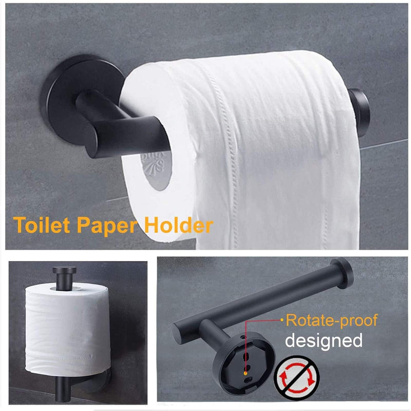 Nolimas 5Pieces Matte Black Bathroom Hardware Set Included 16" Lengthen Hand Towel Bar,Toilet Paper Holder,3pcs Robe Towel Hooks SUS304 Stainless Steel Bathroom Accessories Kit