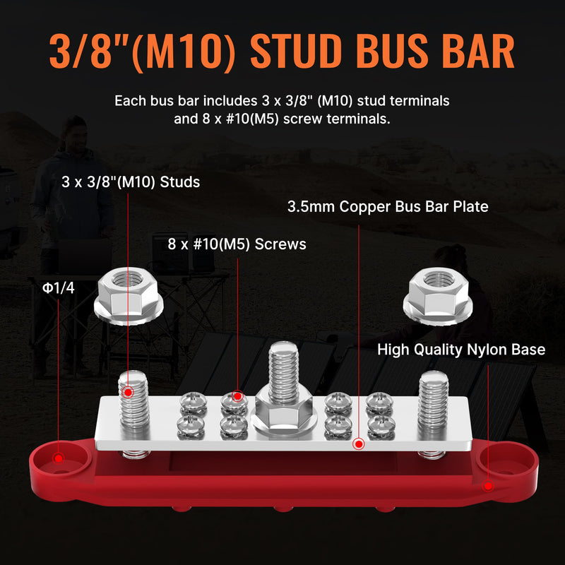 Joinfworld Bus Bar 250A 12V Power Distribution Block with 3 x 3/8"(M10) Studs Marine Bus Bar Terminal Block 12 Volt DC Battery Busbar with Cover - Negative&Positive 250A 3 x 3/8" Studs