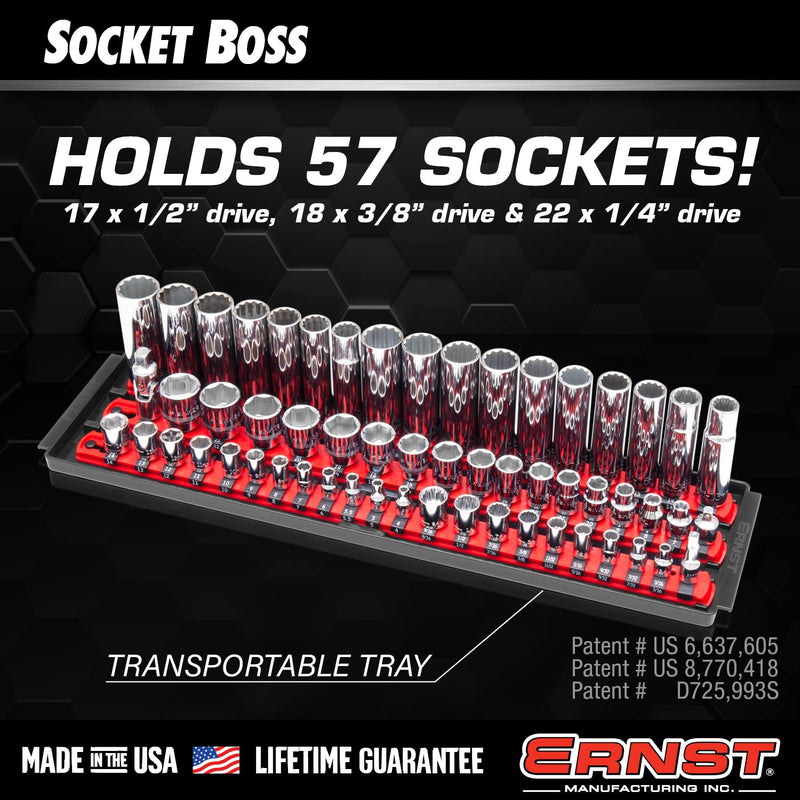 Ernst Manufacturing 8460HV Socket Boss 3-Rail Multi-Drive Socket Rail Organizer with Tray, 18-Inch, High-Visibility - Made in USA