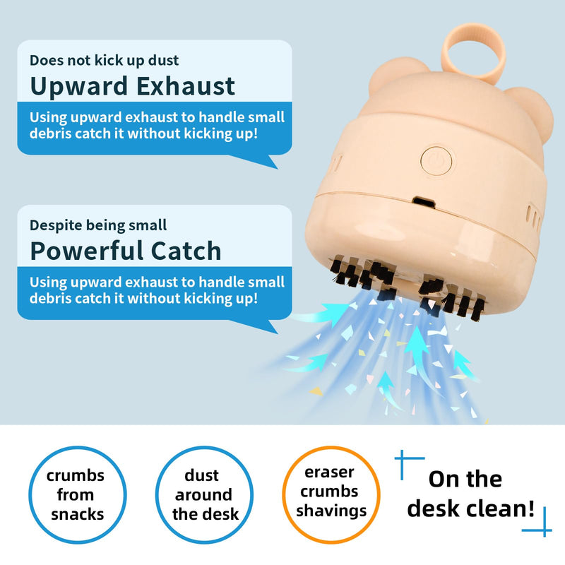 Zmol Mini Desktop Vacuum Cleaner with USB Charging, Cleaning Brush, Bear Head Ring for Easy Grip, 360° Swivel Portable Vacuum Cleaner for Keyboards Office Desks and Other Dusty Debris Beige