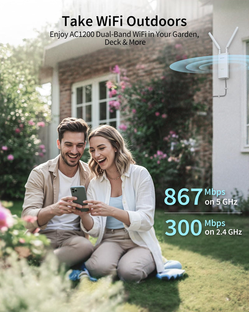 BrosTrend AC1200 Outdoor WiFi Extender Long Range, Dual Band 5GHz + 2.4GHz, IP65 Weatherproof Gigabit Signal Booster, PoE Powered, with Passive PoE Injector, 2x 5dBi Antennas, Works for Yard, Farm, RV