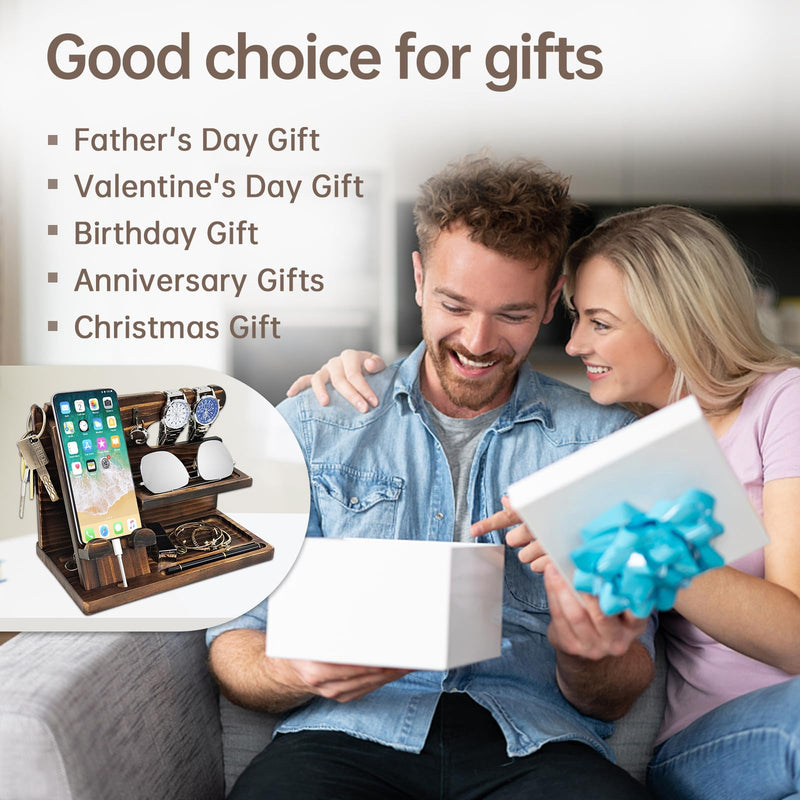 Nightstand Organizer with Phone Docking Station and Desk Organizer - Brown Wooden Gift for Men and Dad