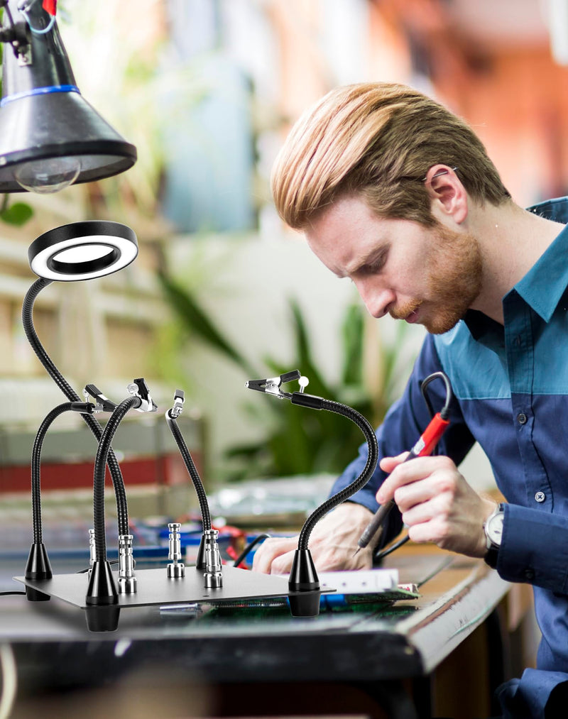 QWORK® Third Hand Soldering, with 6X LED Magnifying Lamp, 4 Soldering Helping Arms, 4 PCB Columns