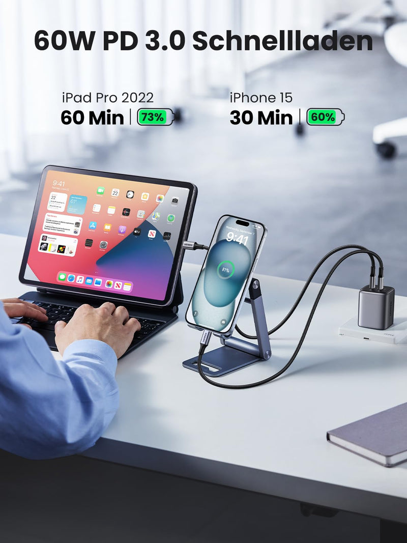 UGREEN USB C to USB C cable 60W PD 3.0, PPS USB-C charging cable compatible with iPhone 15 Pro Max Galaxy S24 S23 S22 A54 A34 A14 MacBook Air M2 iPad Pro 12.9 iPad Air 5/Mini 6, Pixel 7 Pro etc. (1M) 1.0 meters
