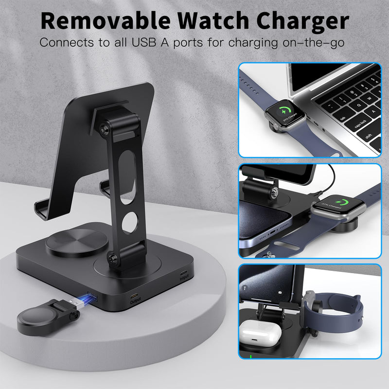 Wireless Charging Station for Multiple Devices Apple, Magsafe Charger for iPhone 15 Pro Max/14/13/12, Foldable Watch Charger for Apple Watch 9, Rotating iPad Charging Station with 45W Adapter