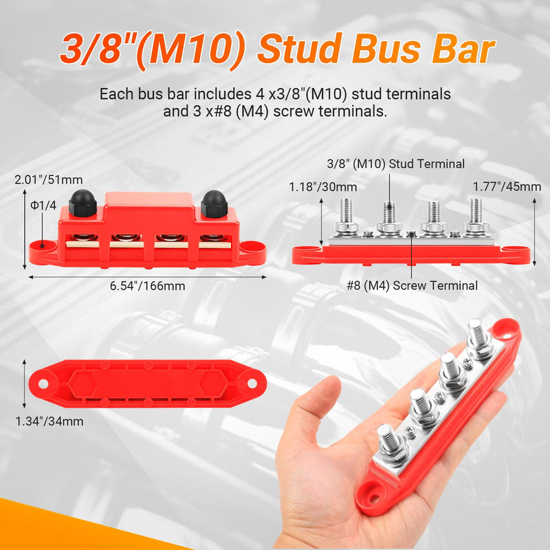 Power Distribution Block, 12V 300A Bus Bar, 3/8" Studs Terminal Strip, 12-48V Heavy Duty Terminal Block, Positive & Negative Junction Block with Cover, RV Car Marine Automotive Battery Busbar