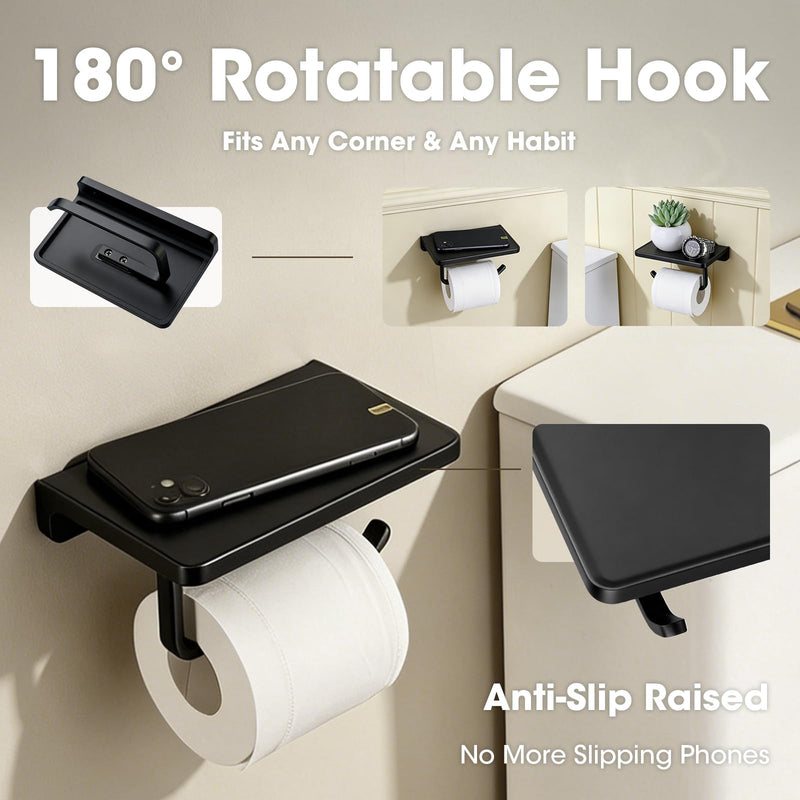TRUSTMI Toilet Paper Holder with Phone Shelf Solid Metal Bathroom Hardware Accessories Tissue Roll Dispenser Storage Wall Mounted, Matte Black 7.1" x 4.3"