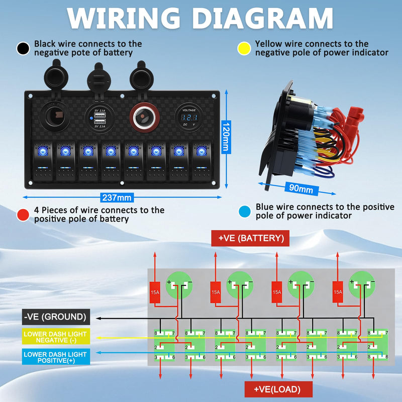 Geloo 8 Gang Marine Rocker Switch Panel, Boat Switch Panel Waterproof, 12V Switch Panel Toggle Switches Panel with LED Circuit Breaker 3.1A USB Charger Voltmeter ON/Off for Car Rvs Vehicles (Blue) Blue