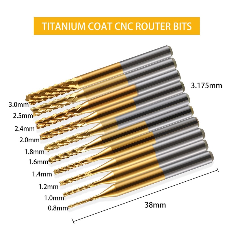 End Mill Sets,10Pcs Titanium Coat Ending Mill,1/8" Shank 0.8-3mm Micro End Mill Engraving Bits CNC Router Bits for Rotary Tools 0.8-3.0mm