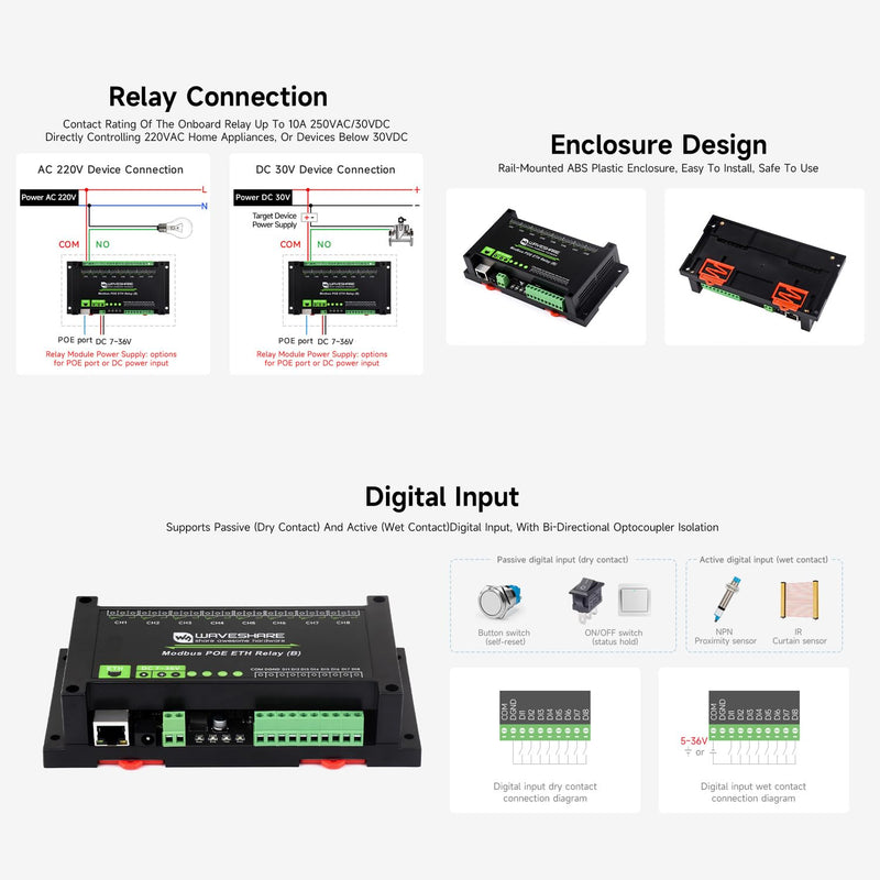 Waveshare 8-Ch Ethernet Relay Module (B) with Digital Input, Modbus RTU/Modbus Protocol, PoE Port Communication, with Various Isolation and Protection Circuits, Industrial Grade Rail-Mount Case