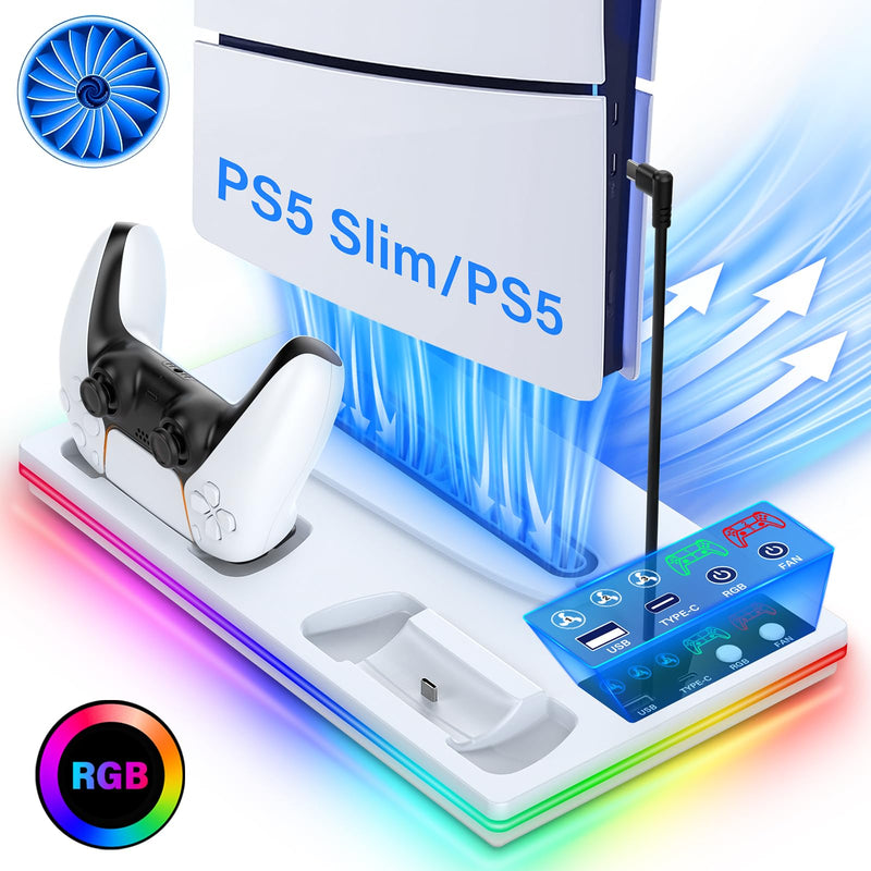 PS5/PS5 Slim Stand and Cooling Station with Controller Charging Station for Playstation 5 Slim&Standard Disc/Digital Console, 10 RGB Light PS5 Cooler Accessories Incl 3 Levels Cooling Fan/USB Hub
