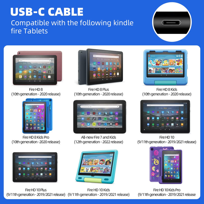 Fast Charger with 6.6Ft USB Type-C&Micro USB Cable,AC Adapter,2A Rapid Charger for All New All-New Fire 7 HD 8 10 Plus Tablet, Kids Pro, Kids Edition, Fire HD HDX 7” 8.9” Phone