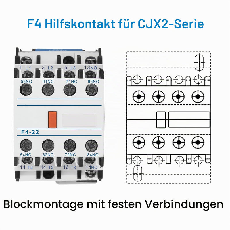 Heschen AC Contactor Auxiliary Contact Blocks F4-22 4 Pin 2NO 2NC Contacts Front Mount Screw Connector Fits CJX2 Series AC Contactors