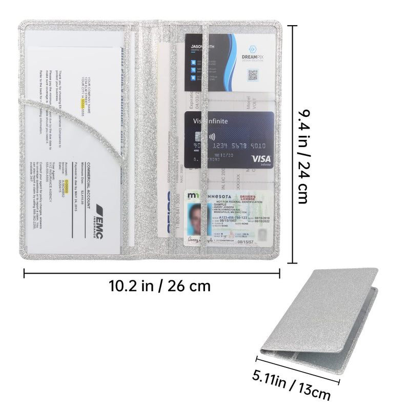 Car Registration and Insurance Holder, Bling Premium Pu Leather Vehicle Glove Box Organizer, Prefect Leather License Registration Holder for Driver License,Cards & Essential Documents (Silver) Silver