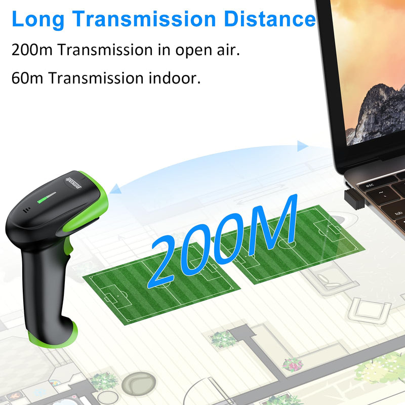 Symcode Wireless Bluetooth Barcode Scanner,Bluetooth & USB Wired & 2.4G Wireless Connection Ergonomics Handheld Barcode Scanner Reader, 2D 1D QR Code Automatic Fast Precise scanning Scanner Green