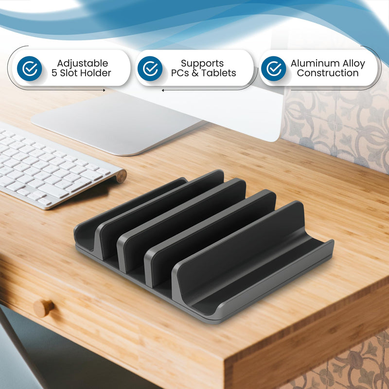 Multiple Laptop Holder Vertical – Adjustable Laptop Vertical Stand Holds 5 Devices, Fits All MacBooks Laptops Tablets and Mobiles (up to 17.3”). Closed Upright Vertical Laptop Stand for Desk Black