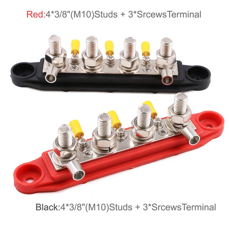 48V DC 250A Bus Bar Power Distribution Block with 4 x 3/8" Studs, 3X #8 Screws Terminals Battery Busbar 12V 24V for Cars RVs Boats Yachts, extra 10 Lugs, Positive& Ground, 2 Pack 250A- 48V DC- 4x 3/8"- Black& Red