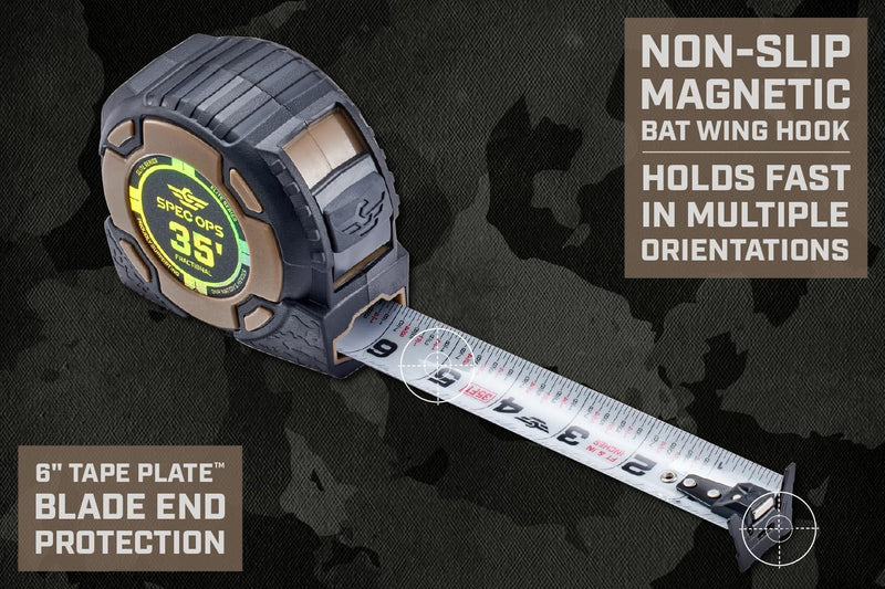 Spec Ops Tools Elite Series Tape Measure for Measuring & Layout, 1 1/4" Double-Sided Blade, Heavy Duty Military-Grade Composite Case, 35 Foot Magnetic + Fractional 35-Foot