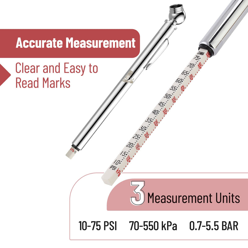 UNCO- Pencil Tire Pressure Gauge, 2 Pack, 10-75 PSI, Tire Gauges for Tire Pressure, Tire Gauge, Air Pressure Gauge for Tires, Air Gauge Tire Pressure, Car Tire Pressure Gauge, Tire Air Gauge Silver