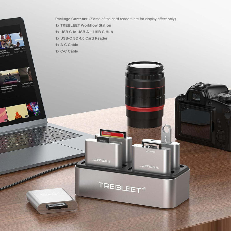 TREBLEET Workflow Station with USB-C SD 4.0 Card Reader and C to A & C Hub, Professional Card Reader HUB DIY Edition, Modular 4-Bay Docking Station, USB3.2 Gen1 10Gbps