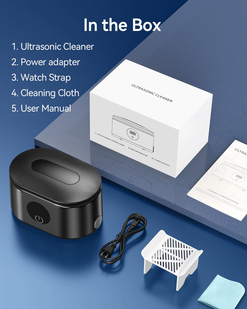 BYASKZIV Ultrasonic Jewelry Cleaner, 48KHz Ultrasonic Cleaner Machine with 20oz 304 Stainless Steel Tank, Dual Modes & LED Display - for Jewelry, Eyeglasses, Watches, Dentures, Retainers & More-Black Black