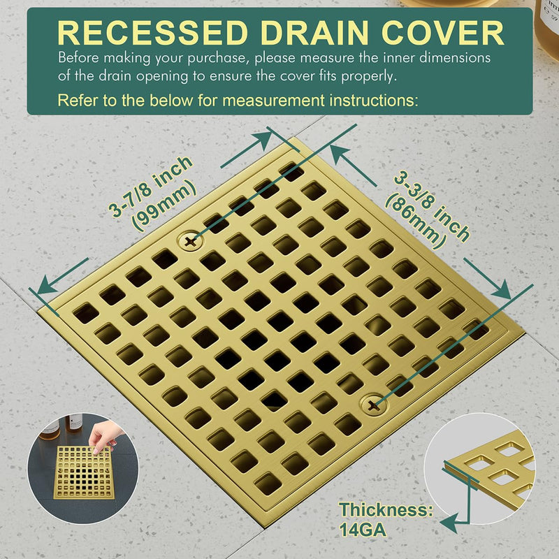 3-7/8" Brushed Gold Shower Drain Cover - Square Floor Drain Cover Replacement - Hair Catcher/Drain Strainer for Bathrooms, Showers, and Sinks - SUS304 Stainless Steel